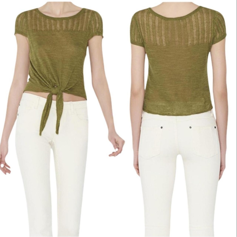 Alice Olivia Green Knit Tie Front Sheer Panel T-Shirt Ricca‎ Top Size S